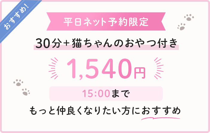 おすすめ! 平日ネット予約限定 30分+猫ちゃんのおやつ付き 1,540円 15:00まで もっと仲良くなりたい方におすすめ